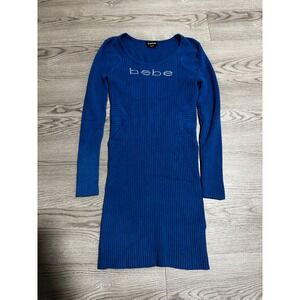 Bebe Blue Rhinestone Logo Ribbed Long Sleeve Bodycon Mini Dress Fall  Medium